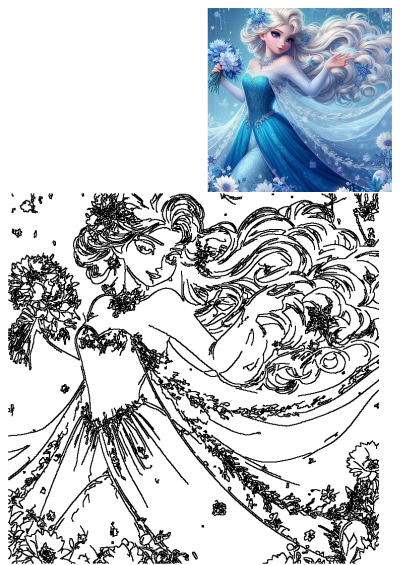 Frozen Princess Elsa, with blonde hair and blue dress, holding blue flowers in stunning digital art and accompanying line drawing.