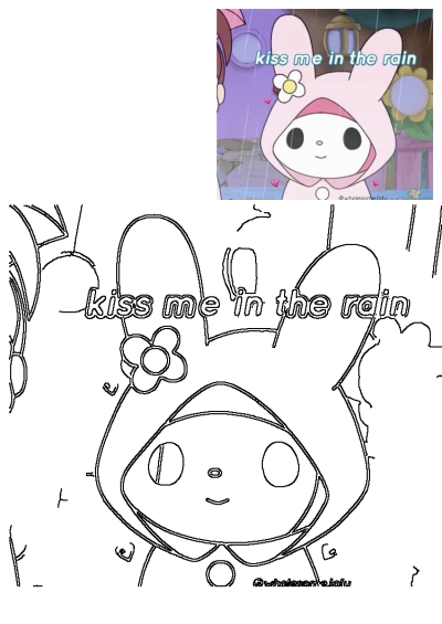 My Melody, a cute Sanrio bunny, with "kiss me in the rain" text, shown in both colorful and black outline art.