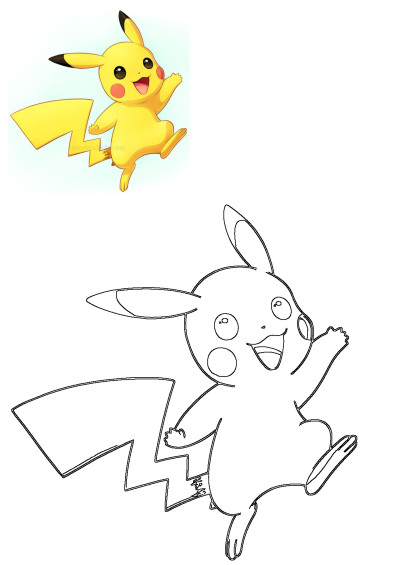 Printable happy Pikachu Pokemon image with the character in a jumping pose, shown in full color and as a line art drawing ready to color.