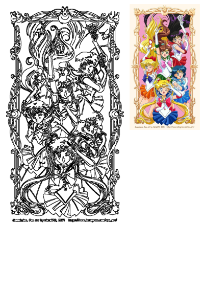 Natalipo's fan art of Sailor Moon and Senshi. Art Nouveau frame, line art and colored versions. Dynamic group pose.