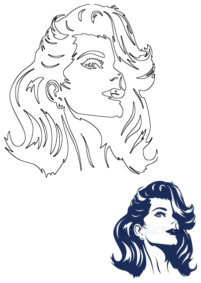 Stylized woman vector illustration featuring a beautiful profile with flowing hair and elegant features in navy blue and white.