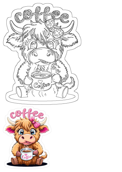 A cute pink Highland cow sticker featuring an adorable, furry cow with a pink bow holding a steaming mug of coffee.