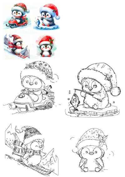 Adorable Christmas penguins cartoon bundle engaging in winter sports: snowmobiling, ice fishing, skiing, and sitting. Perfect festive fun.