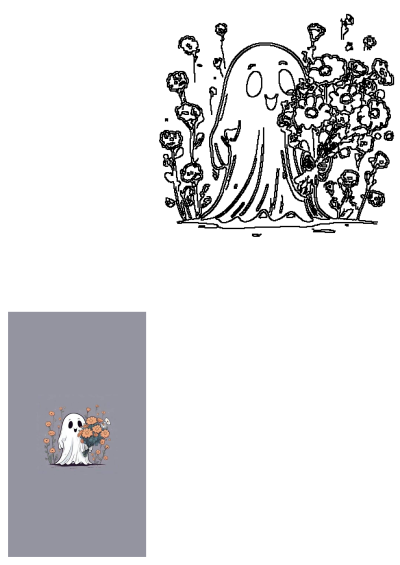 Cute Ghost Holding Bouquet Of Flowers Illustration: A friendly white ghost with a happy face holds vibrant orange flowers in a blooming field.