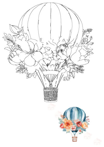 A beautiful watercolor hot air balloon adorned with a vibrant bouquet of flowers and foliage, perfect for whimsical designs.