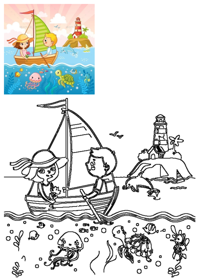 Cute cartoon illustration of kids sailing in a boat with sea animals like dolphins, jellyfish, and turtles, near a lighthouse.