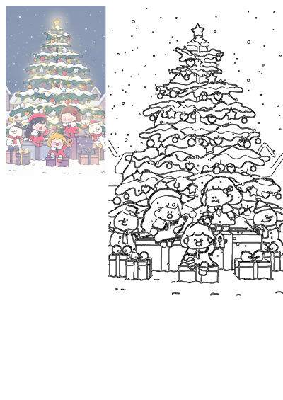 A joyful Christmas scene featuring cute kids and snowmen surrounded by festive gifts under a snow-covered, decorated Christmas tree.
