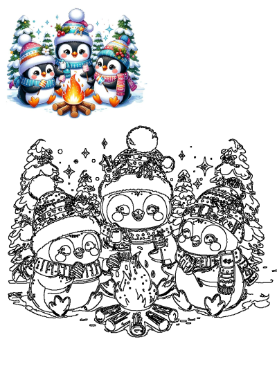 Adorable penguins in winter hats and scarves gather around a warm campfire, roasting treats. A festive holiday scene, also as line art.
