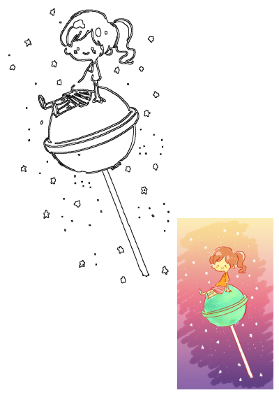 Lollipop Girl Cocoppa wallpaper shows cute anime girl in outline on a giant lollipop with stars, includes vibrant colored sample.