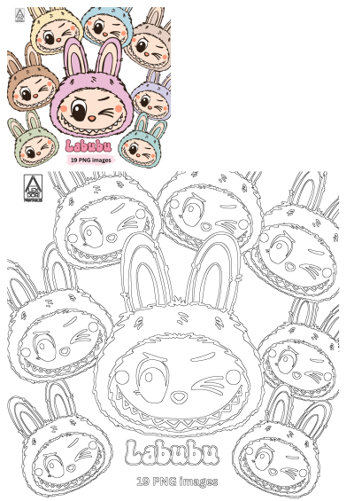 Vibrant Labubu bunny characters in various colors and outline versions, perfect for printables with playful winks.