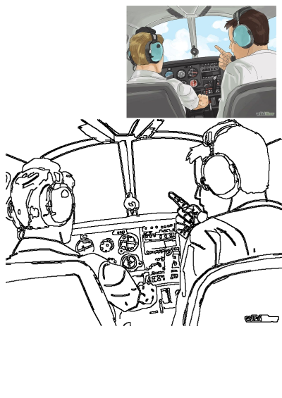 Illustration showing two pilots communicating in an airplane cockpit during flight training, with one giving instruction.