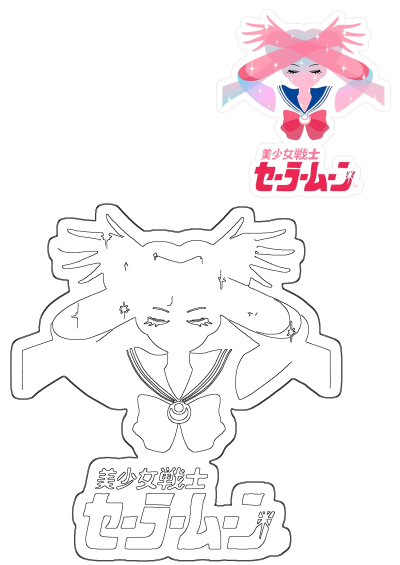 Sailor Moon anime character with pink hair and sparkling stars, wearing a classic sailor uniform, complete with the Japanese logo.