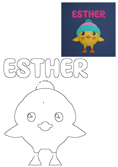 Esther Art cartoon chick with a hat, showing both a colorful 3D rendition and a black outline for creative activities.