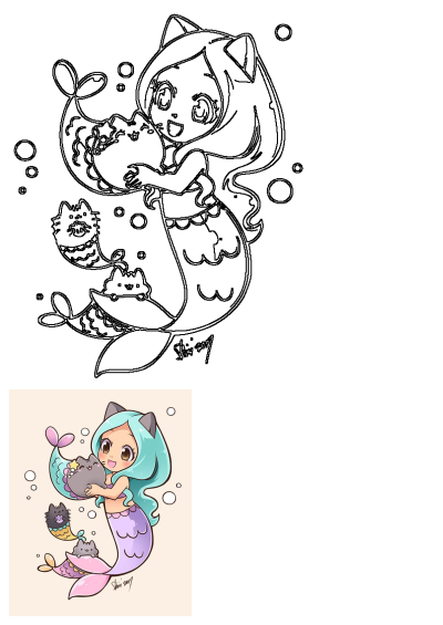 A whimsical cartoon mermaid with cat ears and mint hair holds a grey Pusheen cat. Adorable Pusheen mermaid cats swim around her colorful tail.