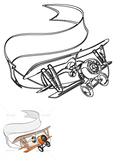 Orange and white cartoon biplane flying with a blank banner, vector style. Includes a black outline drawing for versatility.