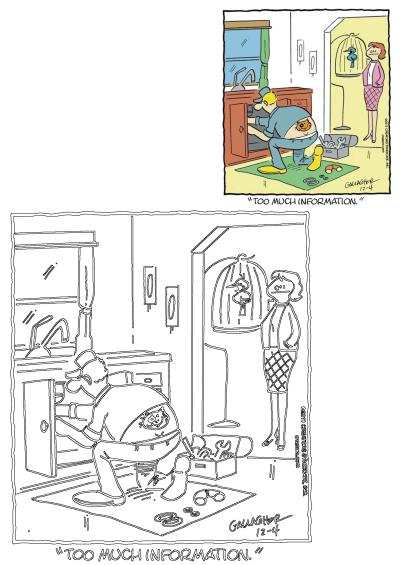 A funny cartoon man, a plumber, reveals a cat tattoo on his lower back while working under a kitchen sink, much to a woman's surprise.