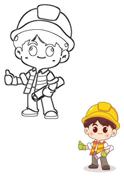 A cute cartoon construction worker with a yellow hard hat and vest, holding a blueprint and giving a thumbs-up. Includes line art.