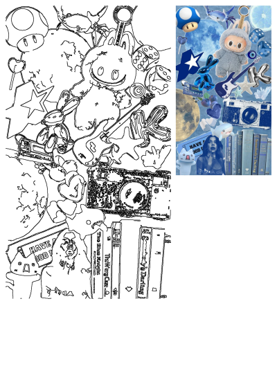 Vibrant blue aesthetic collage featuring plush toys, a moon, electric guitar, books, camera, and stars, alongside a monochrome outline version.