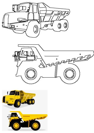Two yellow heavy-duty dump trucks, commonly used in mining and construction, displayed side by side as isolated vector illustrations.