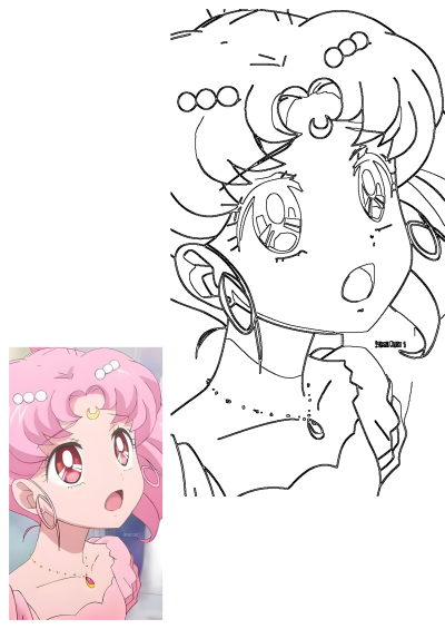 Chibiusa Sailor Moon anime character with pink hair, red eyes, moon accessory, shown alongside a detailed line art outline.