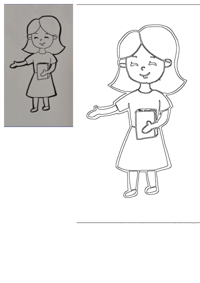 Cute cartoon woman smiling, holding a book or tablet, and offering a friendly welcoming gesture.