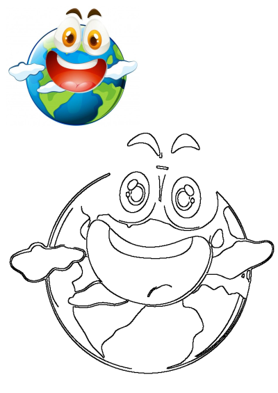 A vibrant cartoon Earth character with big eyes and a wide smile, presented next to a black and white outline version.