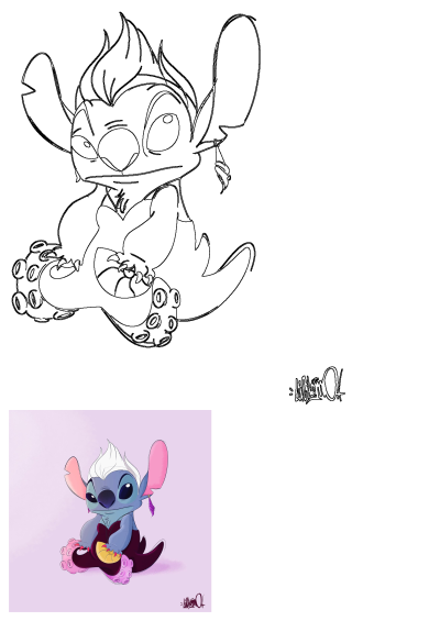 Stitch Ursula fusion fanart character sitting with a tentacled lower body, white hair, and holding a golden shell.