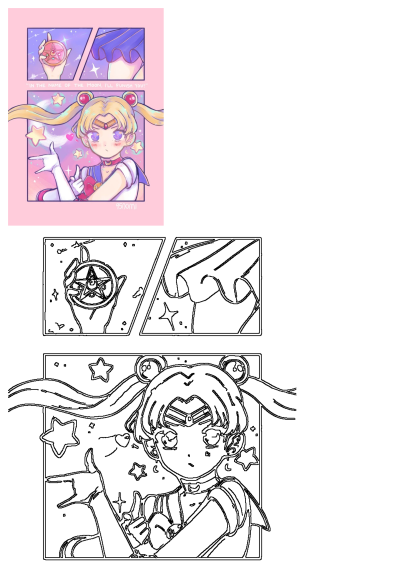 Sailor Moon fan art depicting comic panels, showing her compact and the superhero in her iconic pose saying 'In the name of the moon, I'll punish you!'