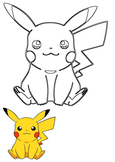 Outline drawing of a sitting Pikachu Pokemon character with its iconic yellow body and lightning tail, alongside a colored reference.