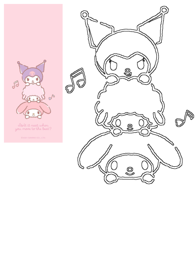 Adorable Sanrio Kuromi and My Melody characters stacked on a pink background, surrounded by musical notes, moving to the beat.