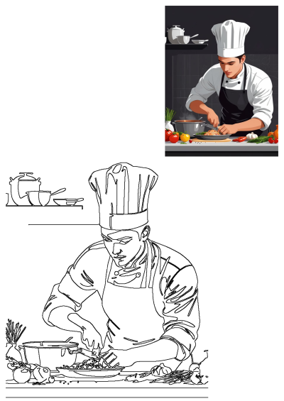 A professional chef, in a white uniform, meticulously prepares food in a modern kitchen. Features both a vibrant colored illustration and a line art version.