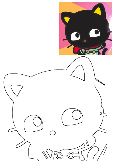 Cute cartoon black cat with yellow ears on a vibrant pink and yellow background, alongside its black and white outline for coloring.