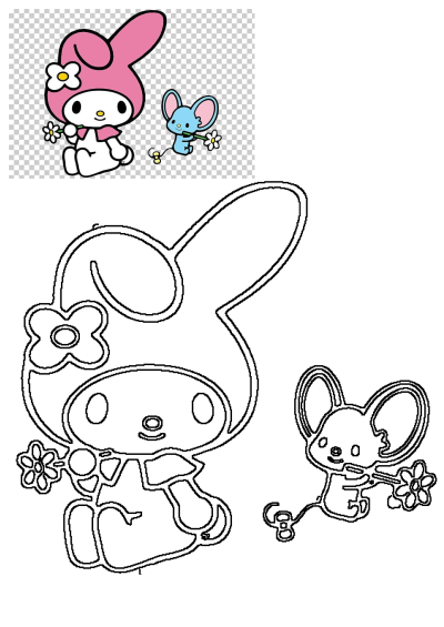 My Melody bunny in pink hood and blue mouse holding flowers, shown as a transparent PNG and a black outline drawing.