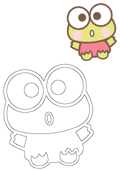 A cute and kawaii surprised Keroppi Sanrio character, shown both in a vibrant color illustration and as a clear outline.