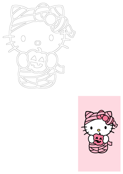 Cute Hello Kitty as a mummy holding a carved pumpkin, featuring both a black outline for coloring and a vibrant pink Halloween design.
