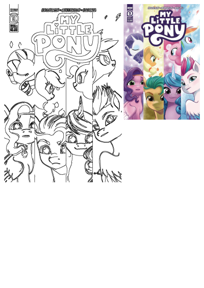My Little Pony comic cover #9, featuring diverse G4 and G5 ponies, alongside a black-and-white outline for coloring.