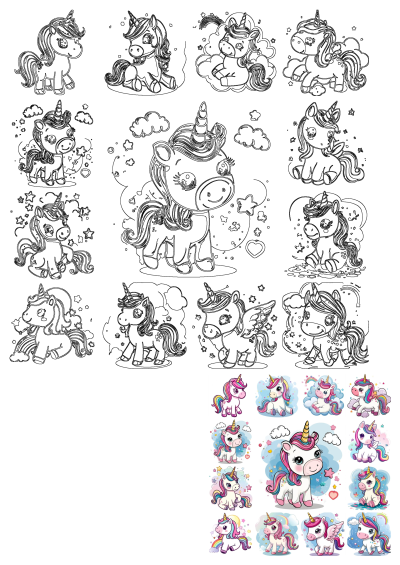 Cute unicorn collection with black and white outlines and colorful illustrations. Various poses, stars, clouds, rainbows.