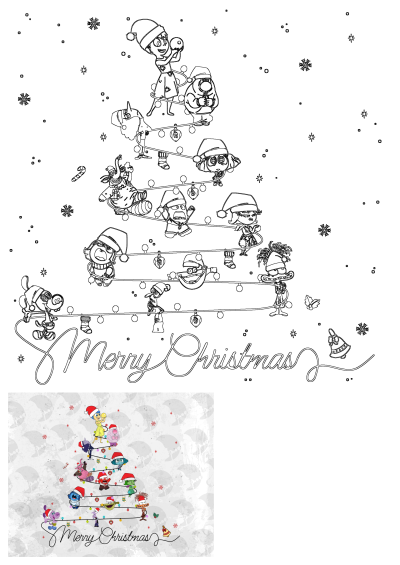 Festive outline of cartoon characters creating a Christmas tree, decorated with lights, ornaments, snowflakes, and 'Merry Christmas' text.