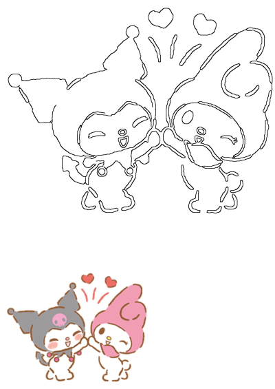 Kuromi and My Melody high-fiving in both a black outline drawing and a vibrant full-color cartoon, with hearts floating above.