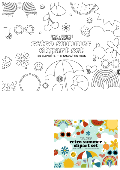 A vibrant retro summer clipart set featuring flowers, fruit (watermelon, strawberries, cherries), clouds, rainbows, umbrellas, and smiley faces.