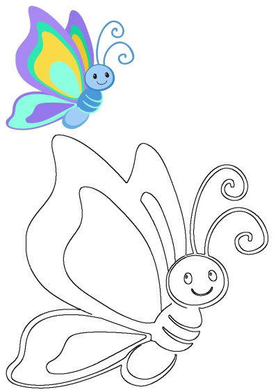 A cute blue, yellow, purple, and teal butterfly illustration featuring swirls, presented with its matching black outline.