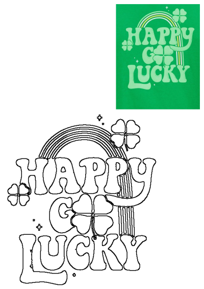 St. Patrick's Day 'Happy Go Lucky' slogan clover print design, featuring a retro rainbow on a vibrant green background for a tee.