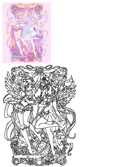 Sailor Moon and Sailor Chibi Moon in winged princess forms, adorned with celestial motifs, roses, and staffs. Art by Misao.