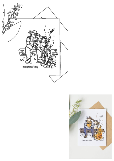 Happy Father's Day card featuring a man and child sitting on a bench by a campfire, roasting marshmallows. Perfect for dad.