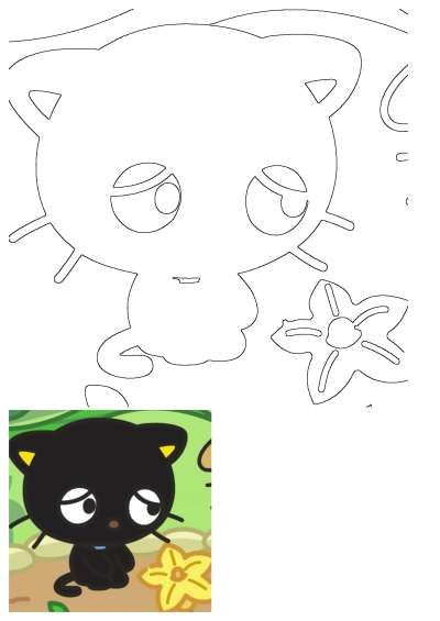 Chococat yellow flower illustration: An adorable outline drawing of the black Sanrio cat character sitting by a beautiful yellow blossom.