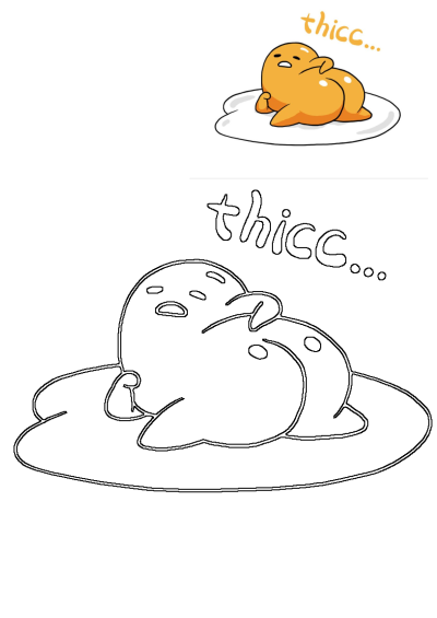 Funny Gudetama egg yolk character laying on egg white, showcasing its 'thicc' backside. Includes colored and outline versions.
