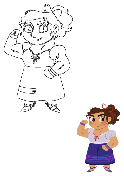 Luisa Encanto character full-body illustration and outline art, flexing her bicep. Strong heroine on a transparent background.