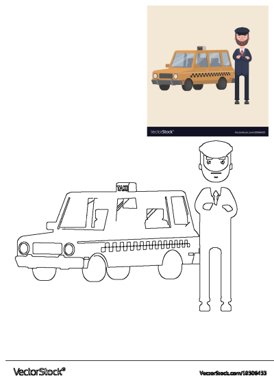 Cartoon of a smiling taxi driver in a cap standing next to his yellow taxi car. A black and white outline is also included.