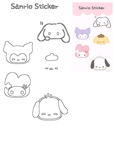 Sanrio character stickers and outlines, featuring cute Cinnamoroll, Kuromi, My Melody, and Pompompurin for DIY projects.