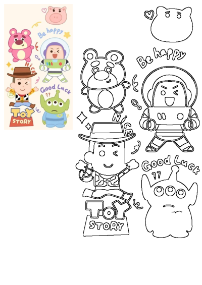 Cute Toy Story characters: Woody, Buzz, Lotso, Hamm, and Alien, as illustrations and outlines with 'Be Happy' & 'Good Luck' text.